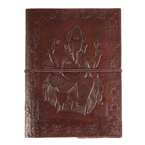Bücher / Verschiedenes / Buch in braunem Lederumschlag mit Ganesha, Format: 13 x 18 cm